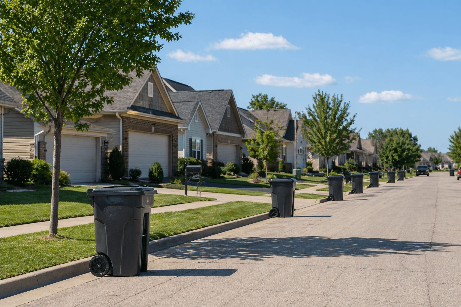 Wichita neighborhood with trash carts at the curb
